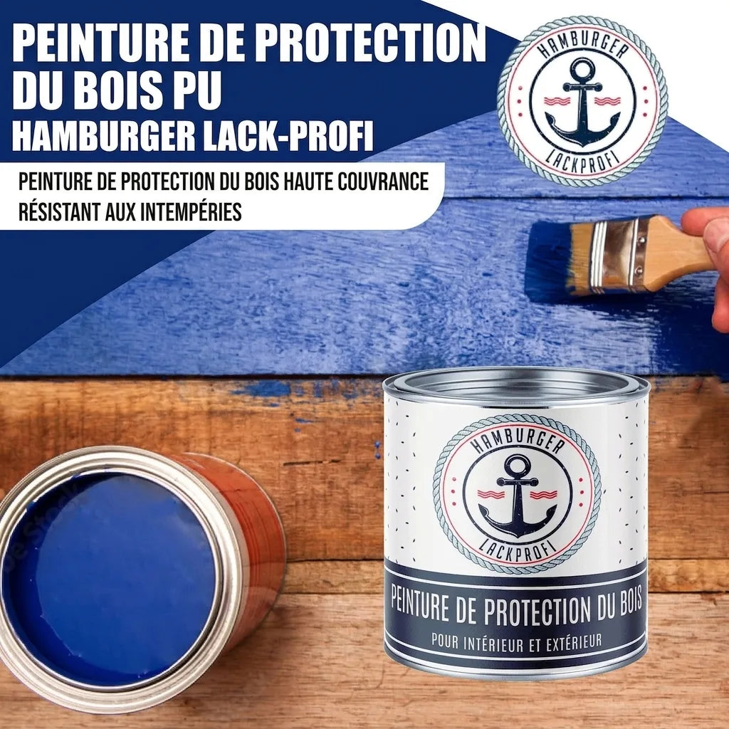 Pot de peinture bois bleue Hamburger Lack-Profi, application au pinceau sur surface en bois, résistant intempéries.