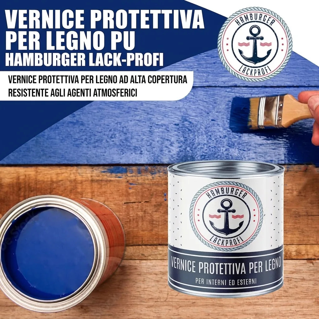 Vernice protettiva blu PU per legno Hamburger Lack-Profi, applicata su tavole di legno.