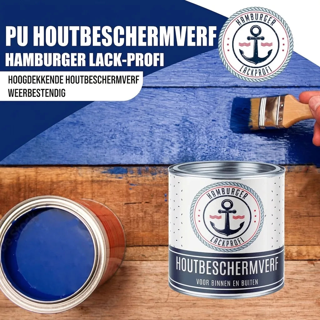 Blauwe PU houtverf van Hamburger Lack-Profi voor hout, met penseel. Hoogdekkend, weerbestendig, voor binnen en buiten.