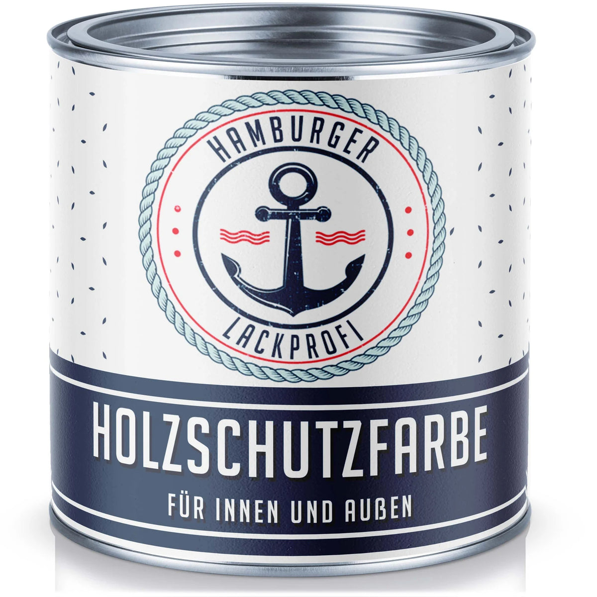 Puszka farby "HAMBURGER LACKPROFI HOLZSCHUTZFARBE FÜR INNEN UND AUSSEN" z kotwicą.