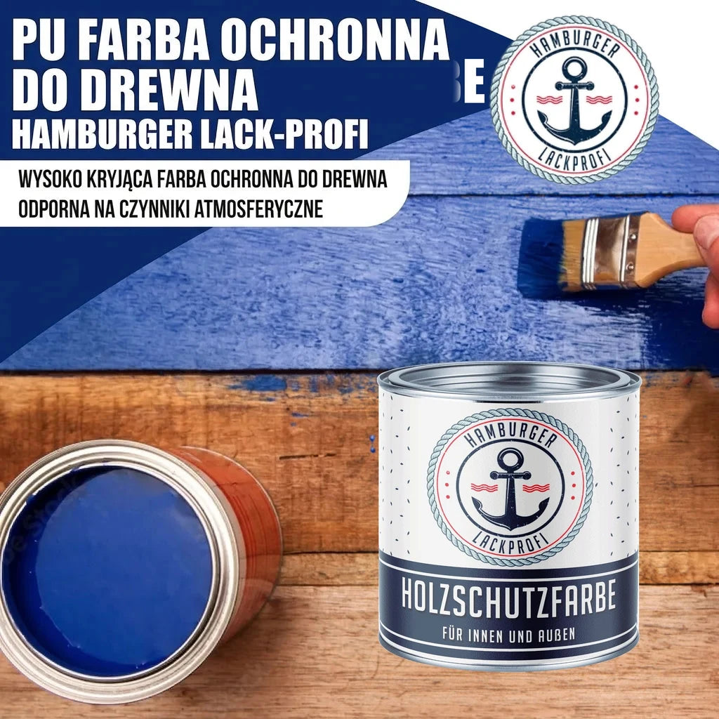 Niebieska farba do drewna PU Hamburger Lack-Profi, wysokokryjąca i odporna na warunki atmosferyczne.
