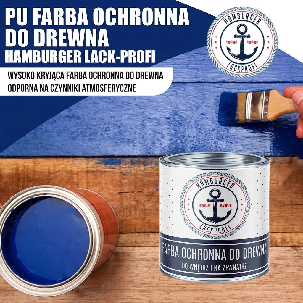 Niebieska farba do drewna PU Hamburger Lack-Profi, wysokokryjąca i odporna na warunki atmosferyczne.