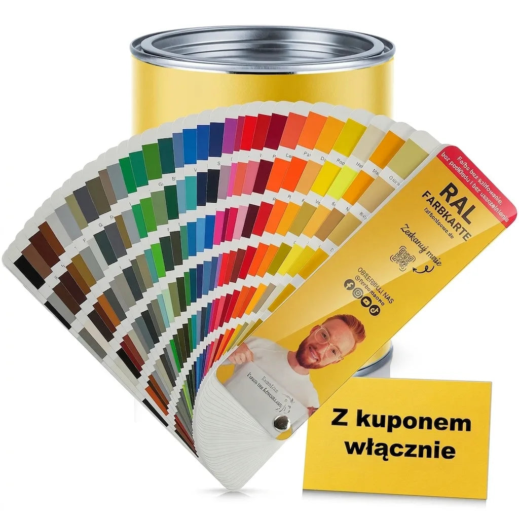 Żółta puszka farby, wzornik kolorów RAL i kupon. Wybierz idealny kolor do malowania ścian, drewna, metalu.