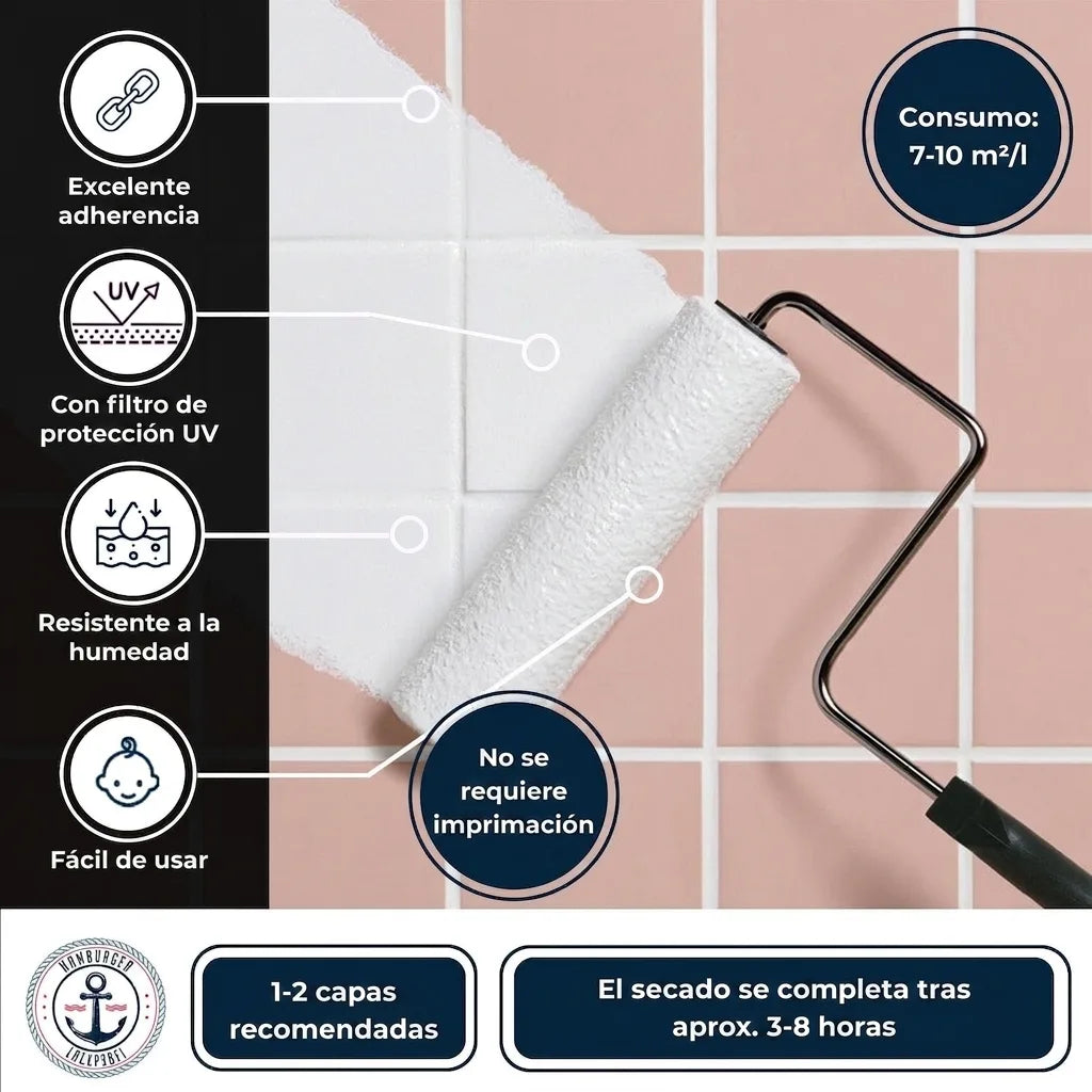 Pintando azulejos rosas a blanco con rodillo. Descripción de beneficios: alta adherencia, filtro UV, humedad, fácil, sin imprimación, secado