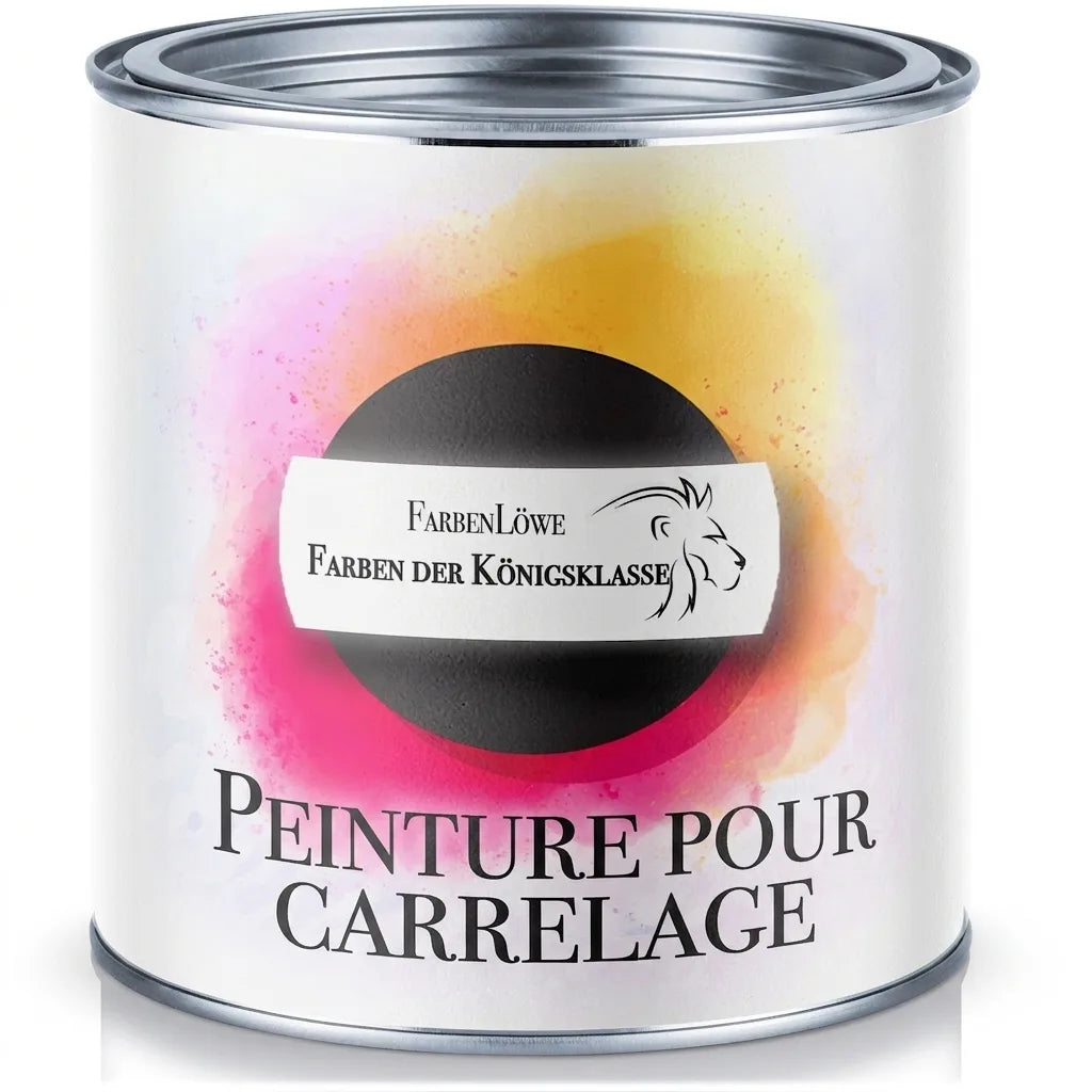 Pot de peinture FarbenLöwe Fliesenlack, couleurs de la classe royale, avec un design abstrait rose et jaune.
