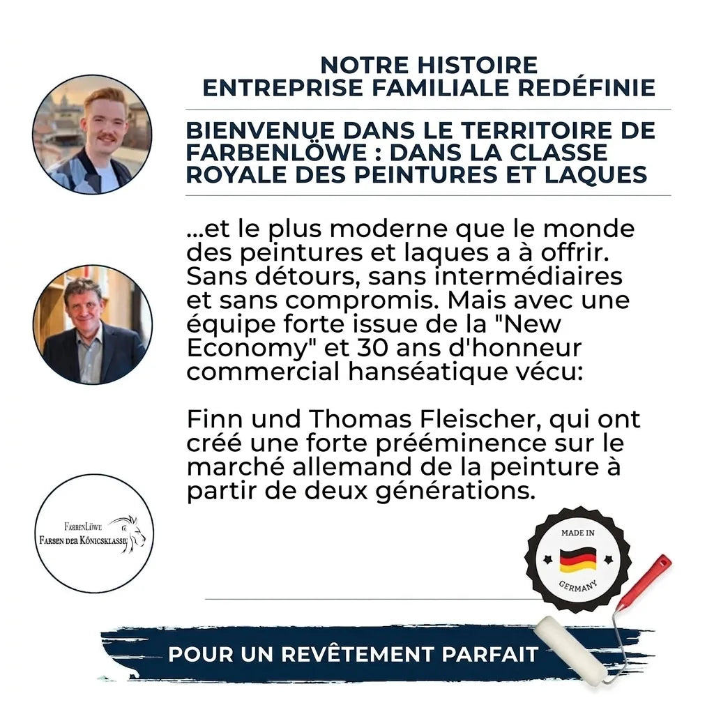 Graphique Farbenlöwe, histoire d'entreprise familiale, photos de Finn et Thomas Fleischer, peintures Made in Germany.