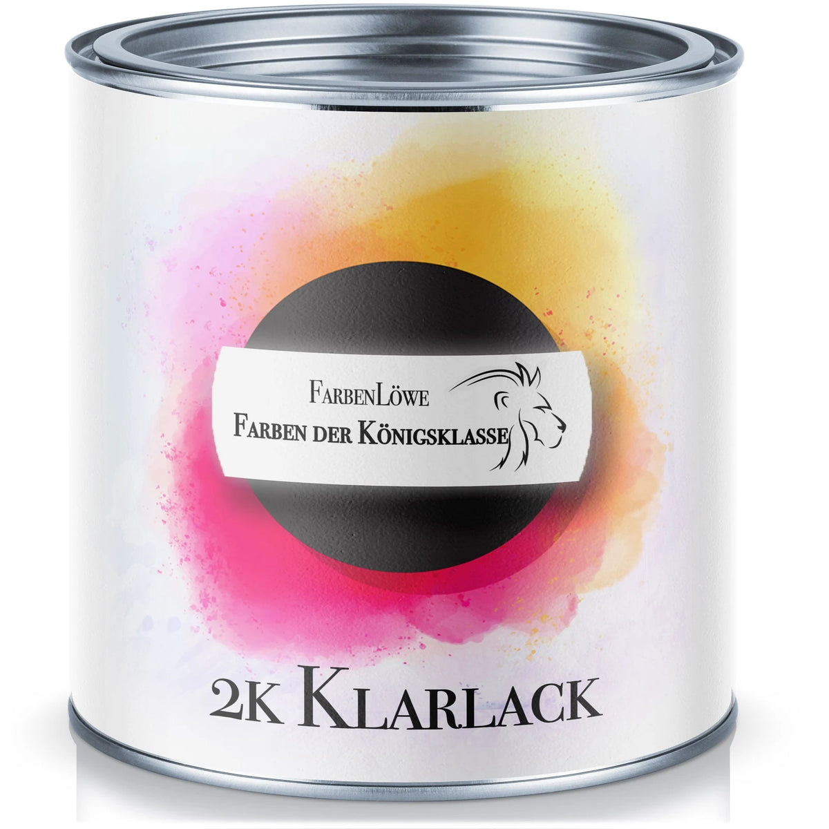 Puszka farby "FarbenLöwe Farben der Königsklasse" z napisem "2K KLARLACK" na etykiecie.