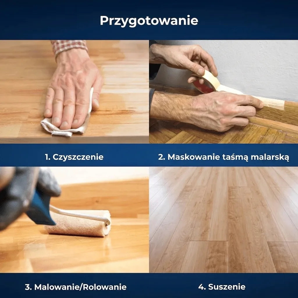 Przygotowanie powierzchni: czyszczenie, taśmowanie, malowanie wałkiem i suszenie podłogi drewnianej.