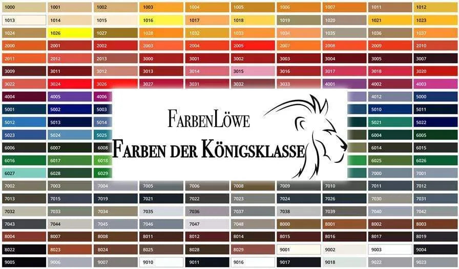 Färgkarta från FarbenLöwe med nummererade färgprover och sloganen 'Färger av Kunglig Klass'.