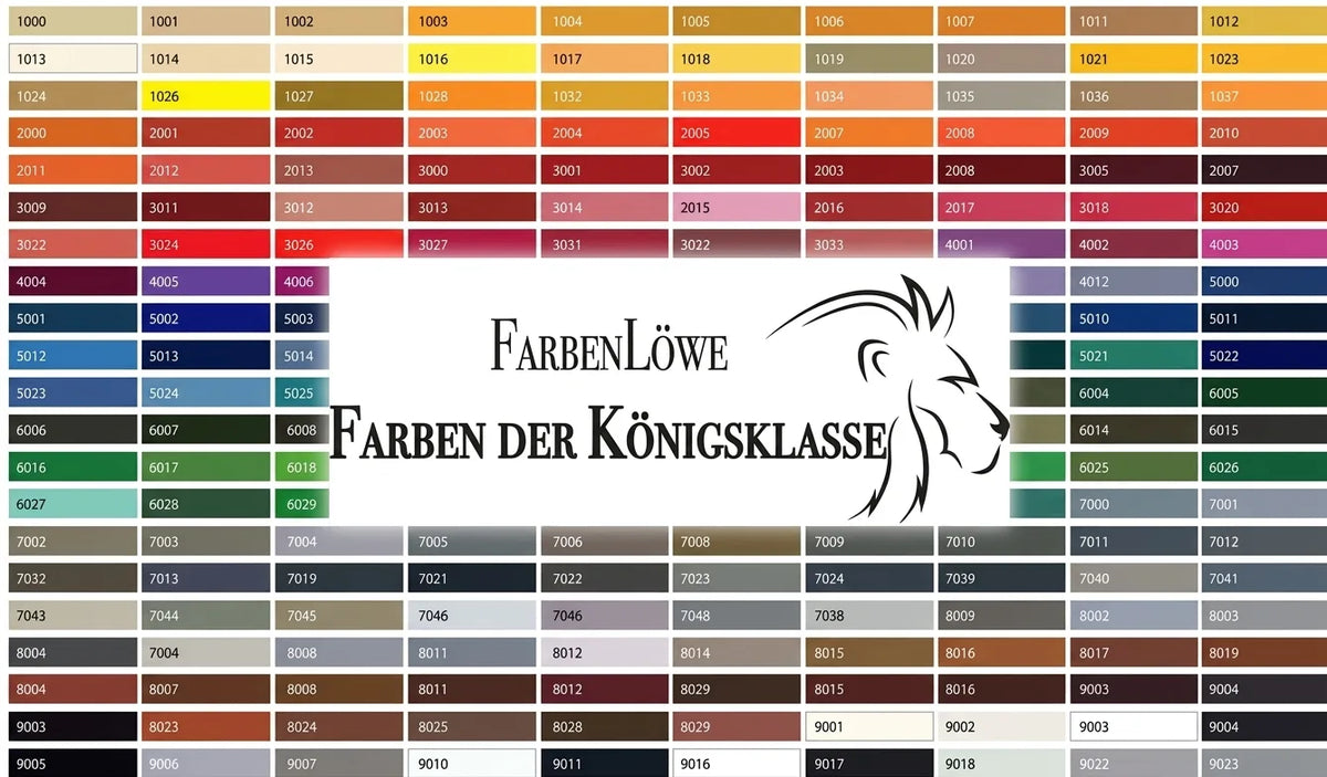Carta de colores RAL con códigos numéricos, logo FarbenLöwe y el eslogan 'Farben der Königsklasse'.