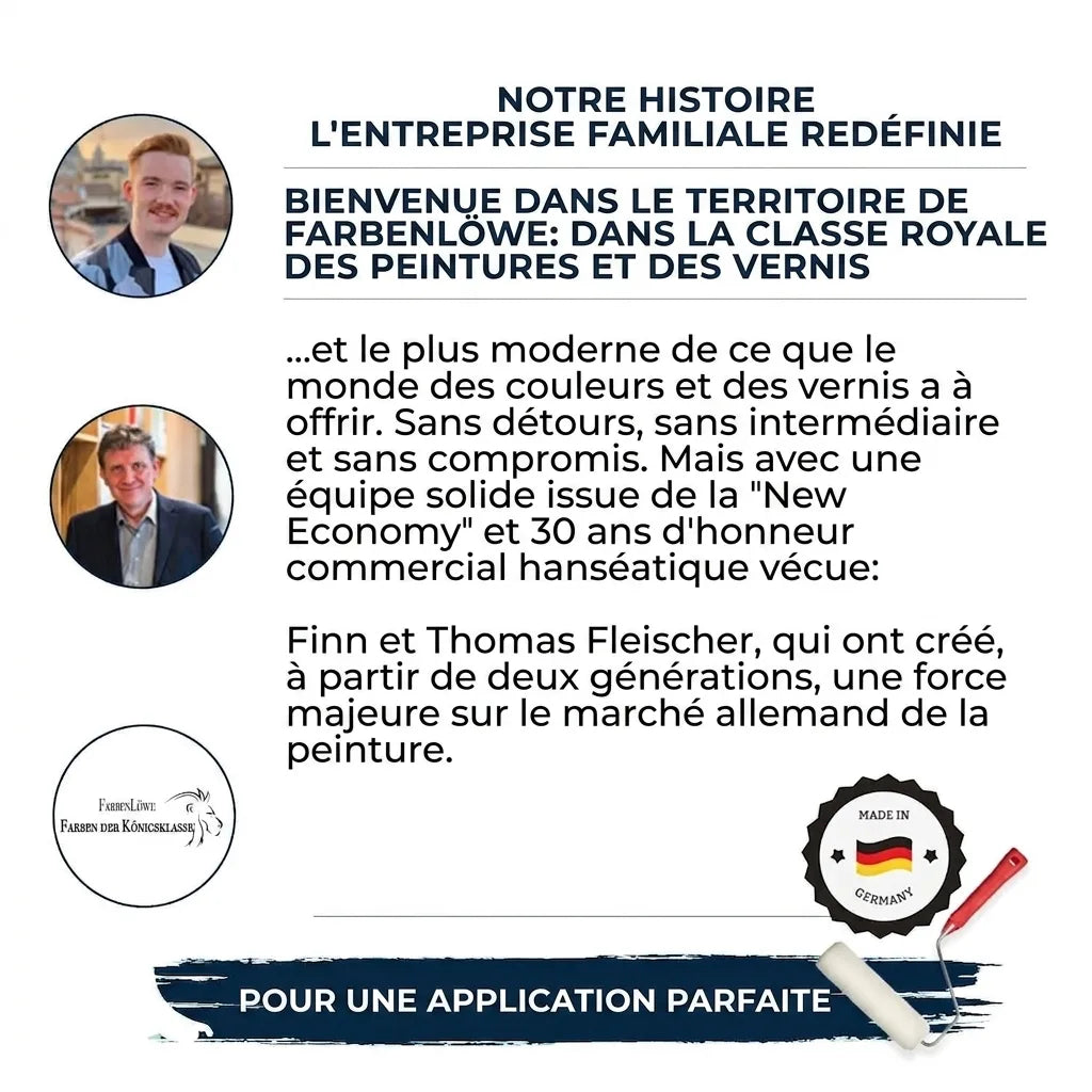 Publicité allemande de FarbenLöwe avec fondateurs, histoire d'entreprise, peintures de qualité et mention "Made in Germany".