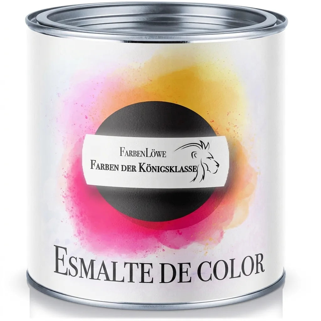 Bote de pintura de color FarbenLöwe 'Buntlack' con salpicaduras vibrantes.