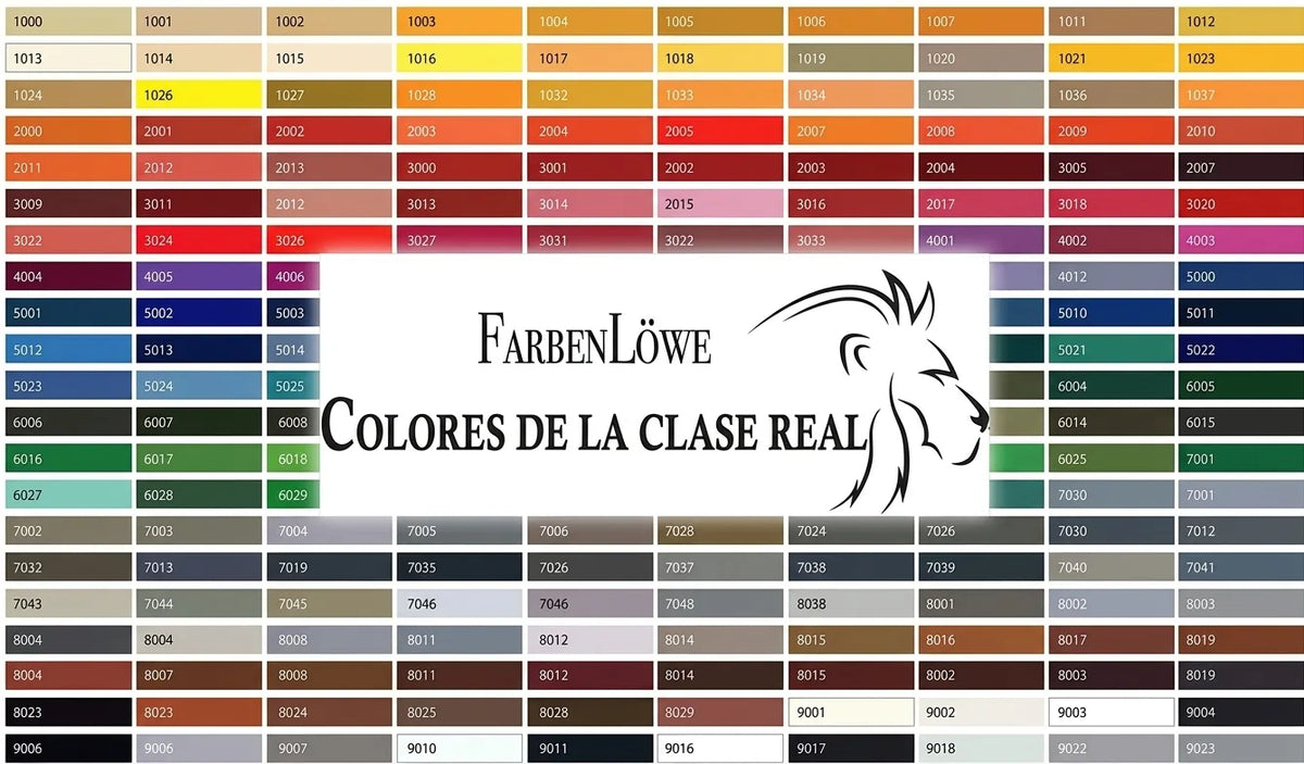 Muestra de colores RAL con el logo de FarbenLöwe y la frase 'Colores de la Clase Real', presentando una amplia gama de tonos.