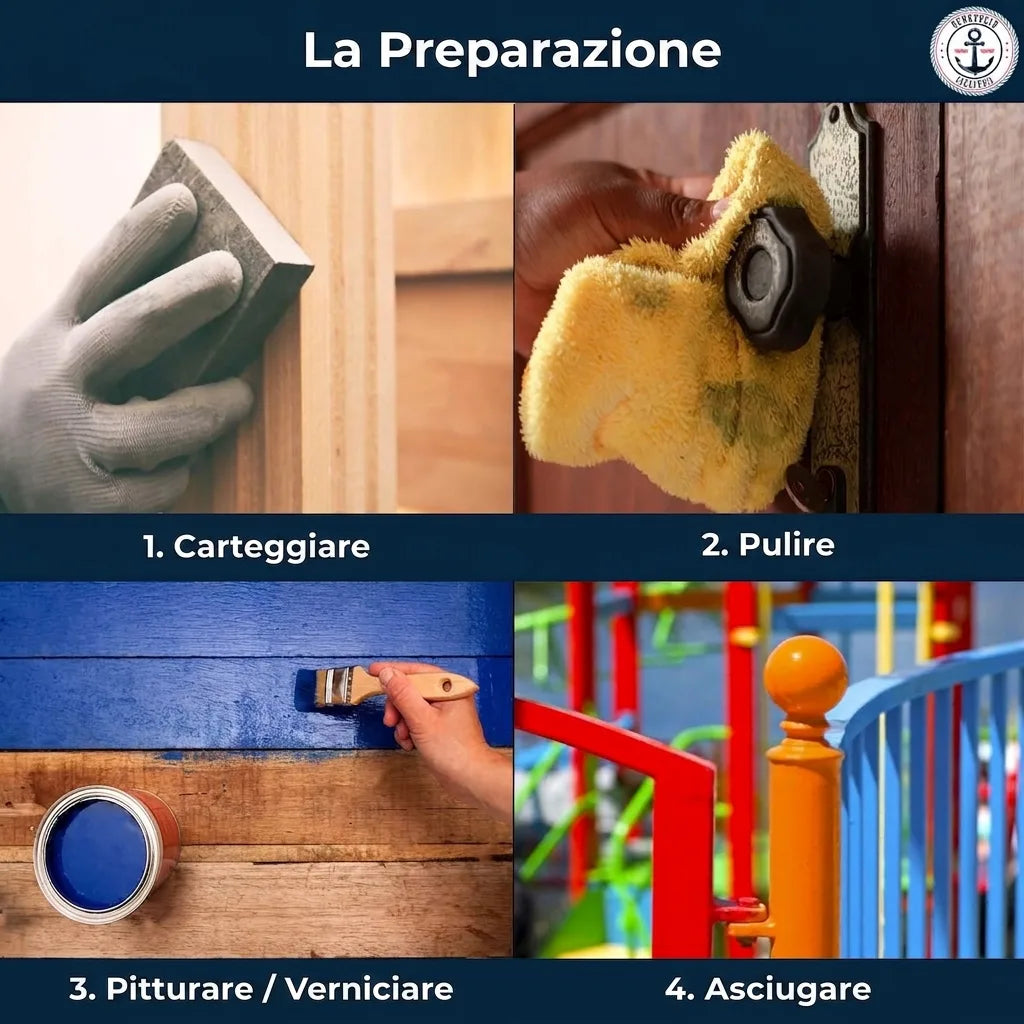 Quattro passaggi per la preparazione e verniciatura di superfici: carteggiare, pulire, pitturare, asciugare.