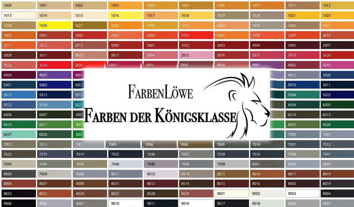 Wzornik kolorów RAL FarbenLöwe 'Farben der Königsklasse' z numerami kodów i odcieniami farb.