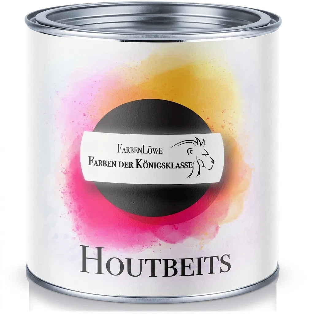 Verfblik van FarbenLöwe met zwarte cirkel en kleurrijke verfspetters. Productnaam: Holzlasur (houtbeits).