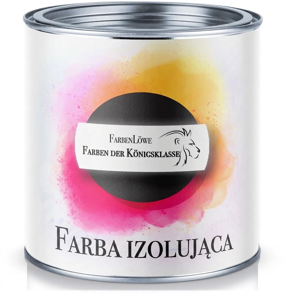 Puszka farby izolacyjnej FarbenLöwe, Farby Klasy Królewskiej, z kolorowym, abstrakcyjnym tłem.