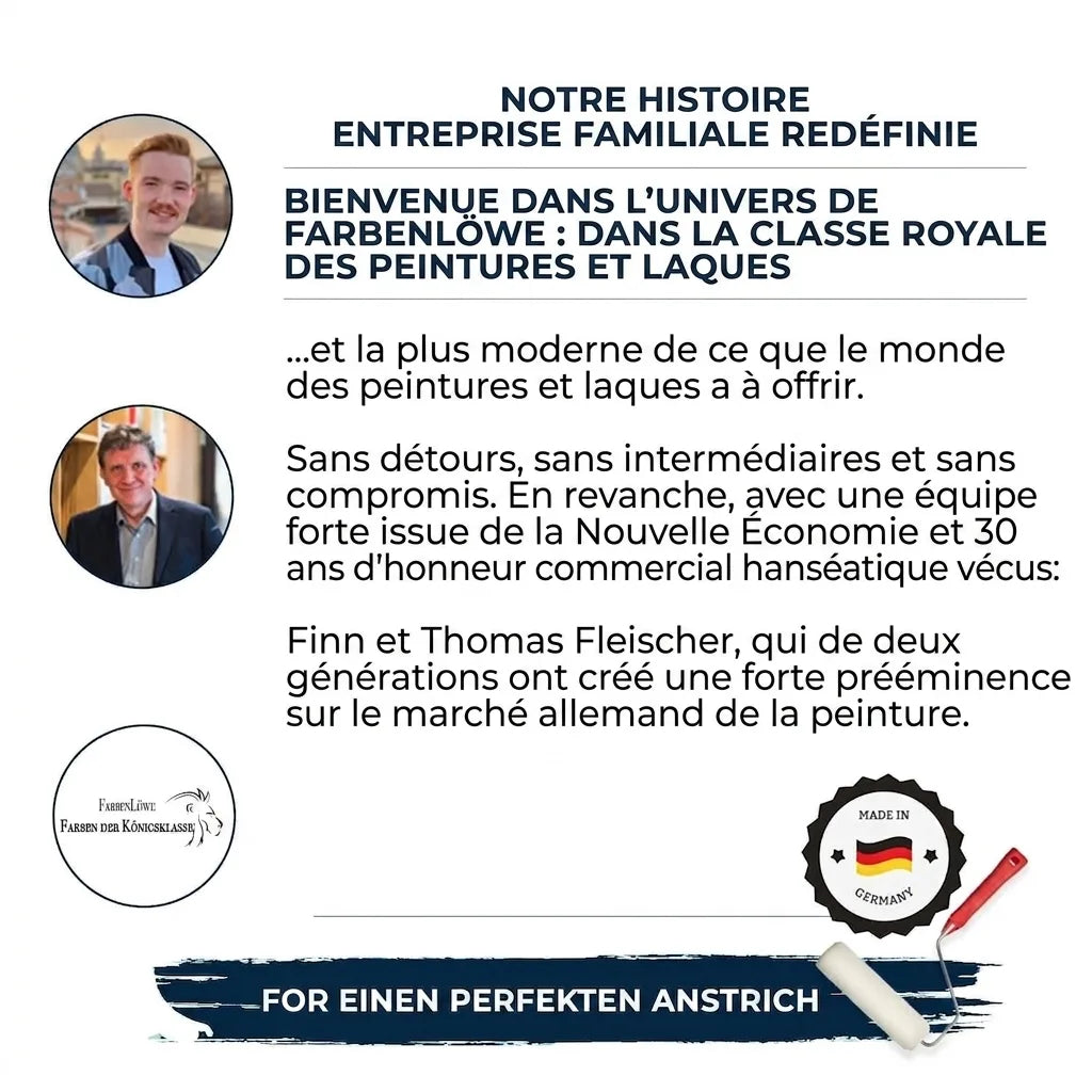Histoire de l'entreprise familiale Farbenlöwe (Lion des Couleurs) spécialisée en peintures et vernis, qualité "Made in Germany".