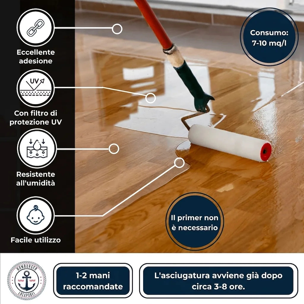 Vernice trasparente applicata su pavimento in legno, con icone e testo che descrivono caratteristiche e istruzioni d'uso.