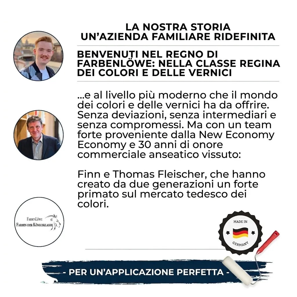 Storia aziendale di Farbenlöwe con ritratti di Finn e Thomas Fleischer, vernici di alta qualità 'Made in Germany'.