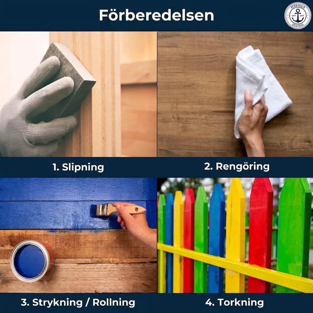 Guide för träförberedelse och målning i 4 steg: slipa, rengöra, måla och torka.