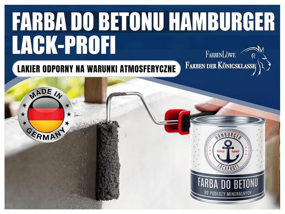 Mężczyzna maluje betonową ścianę. Puszka farby do betonu Hamburger Lack-Profi. Odporna na warunki atmosferyczne, Made in Germany.