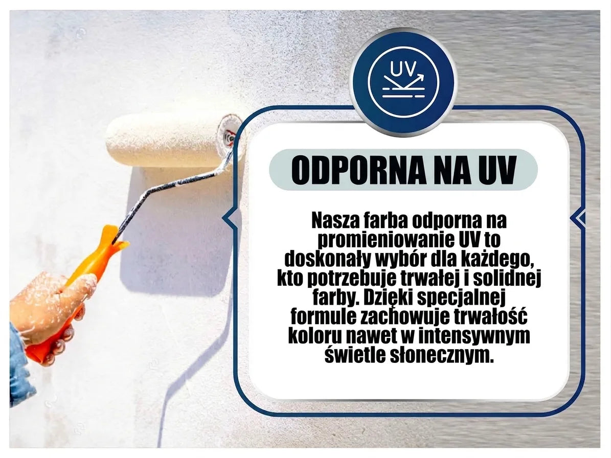 Reklama farby UV-odpornej. Ręka maluje ścianę, tekst podkreśla trwałość i odporność na słońce.
