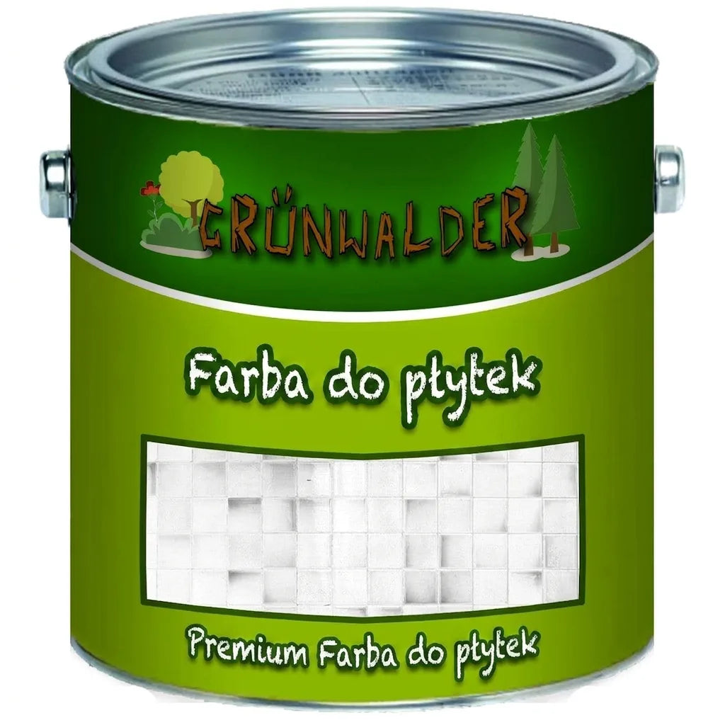 Zielona puszka farby do płytek Grünwalder Premium Fliesenlack, z ilustracją lasu i wzorem białych kafelków.