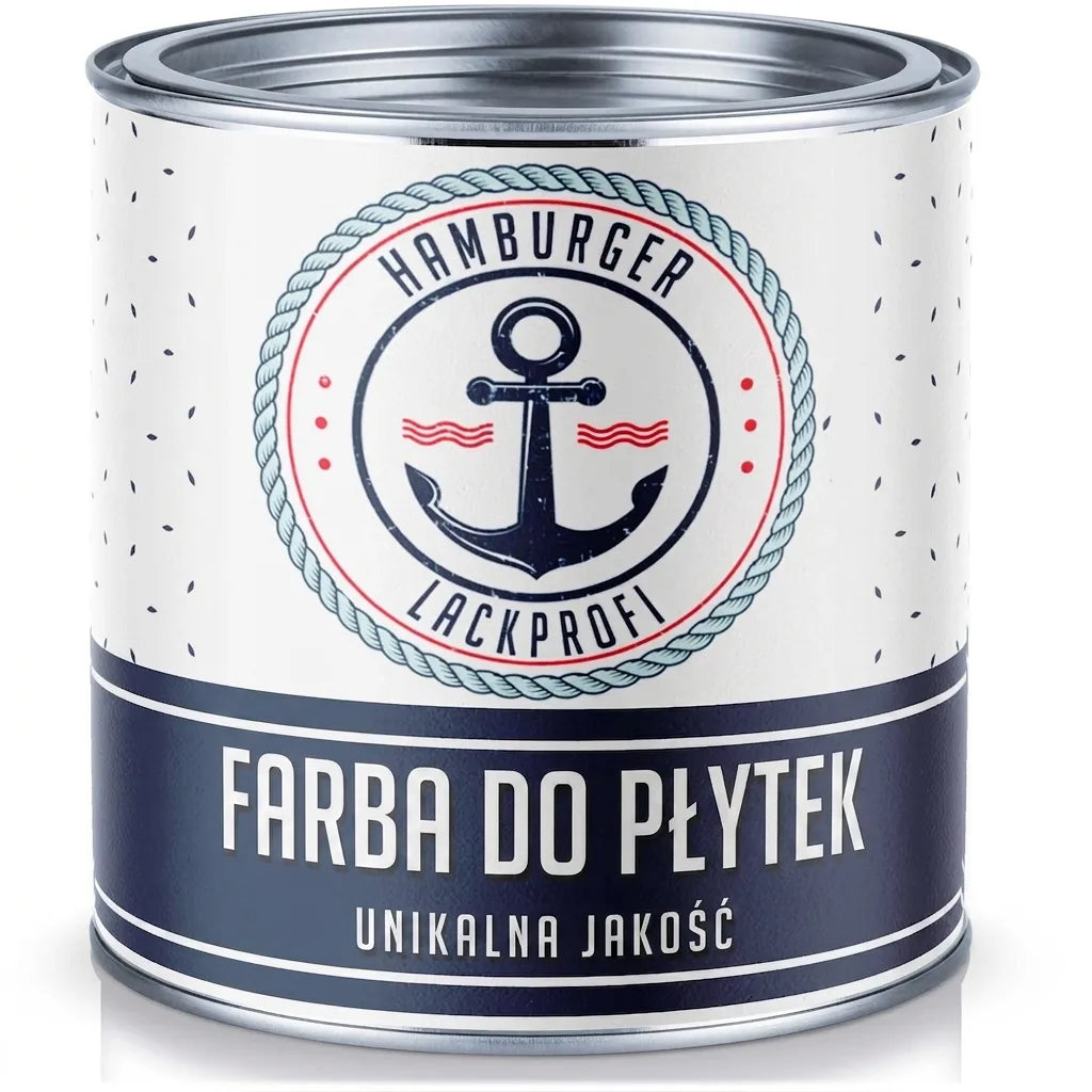Puszka z farbą do płytek Hamburger Lackprofi Fliesenlack, z etykietą w stylu marynistycznym z kotwicą.