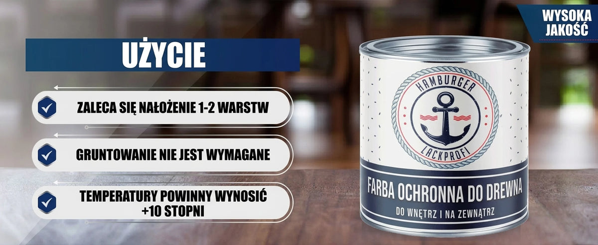 Puszka farby do drewna Hamburger Lack-Profi. Instrukcje użycia: 1-2 warstwy, bez gruntowania, temp. +10°C, wysoka jakość.