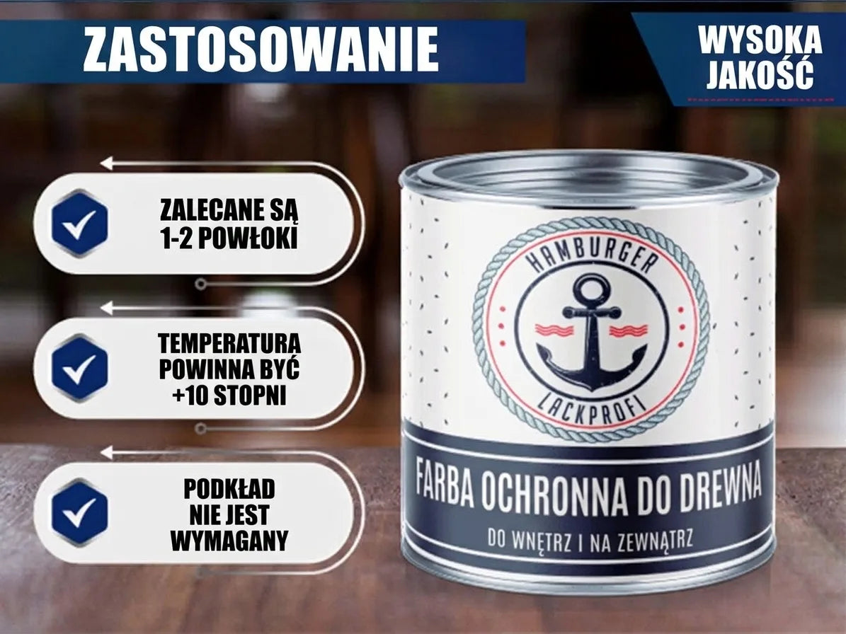 Farba do drewna Hamburger Lackprofi. Instrukcja użycia: 1-2 warstwy, min. +10°C, bez podkładu. Wysoka jakość.