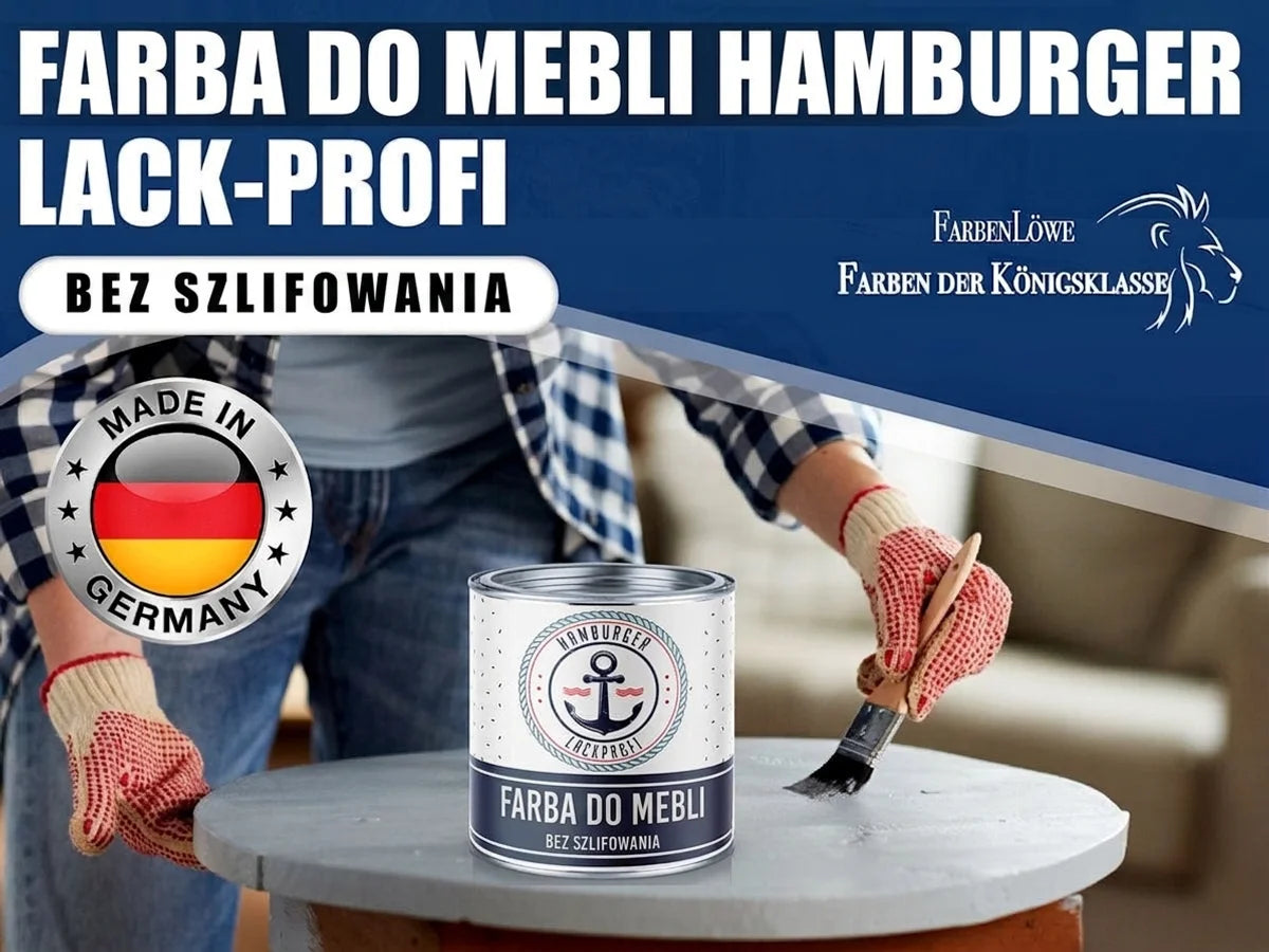 Osoba maluje stół farbą do mebli Hamburger Lack-Profi "bez szlifowania". Puszka farby i znak "Made in Germany".