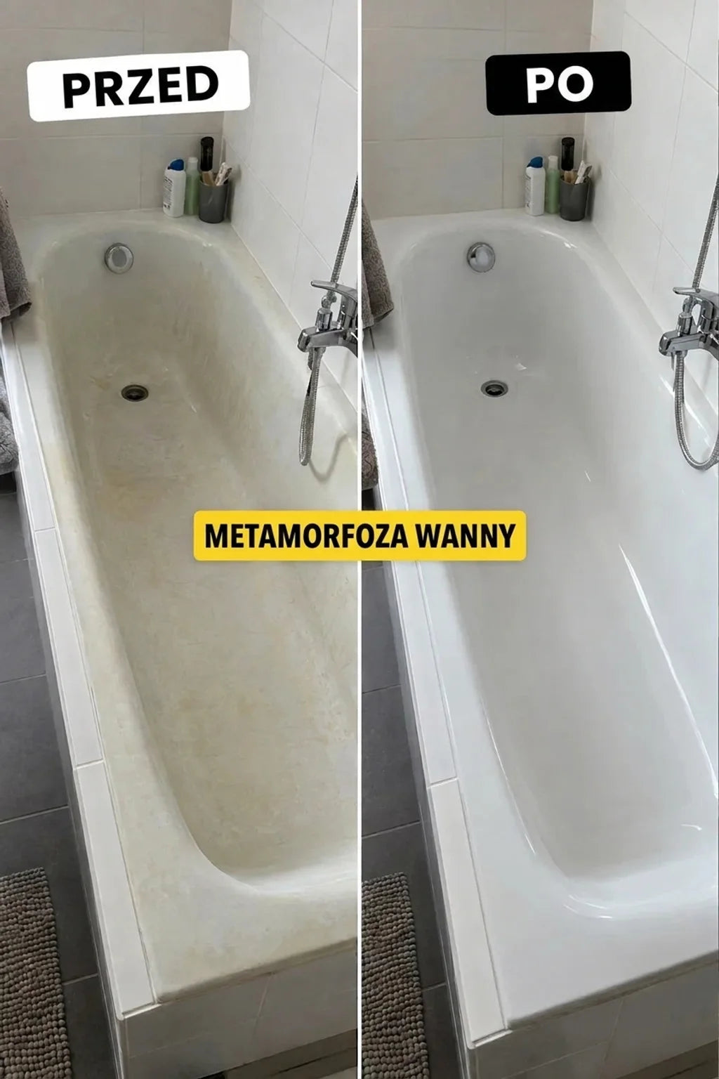 Zdjęcie porównawcze: przed i po renowacji wanny. Stara, brudna wanna zamieniona w czystą i białą.