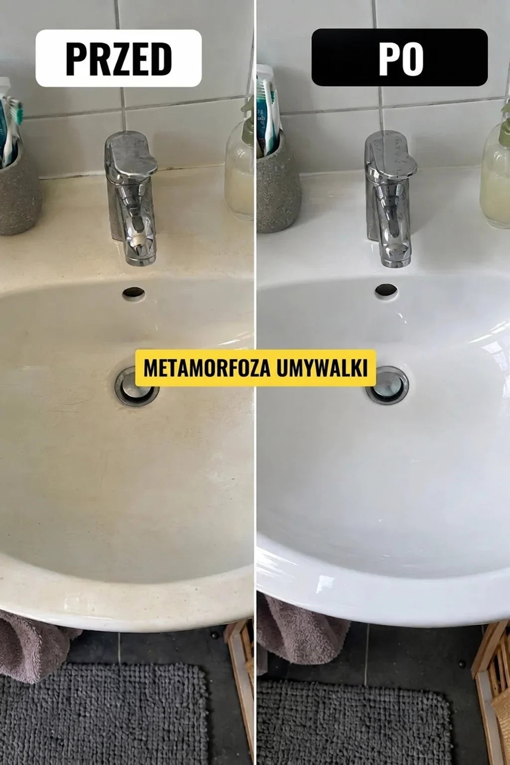 PRZED i PO: Metamorfoza wanny. Zniszczona, brudna umywalka (przed) i idealnie czysta, biała (po renowacji).