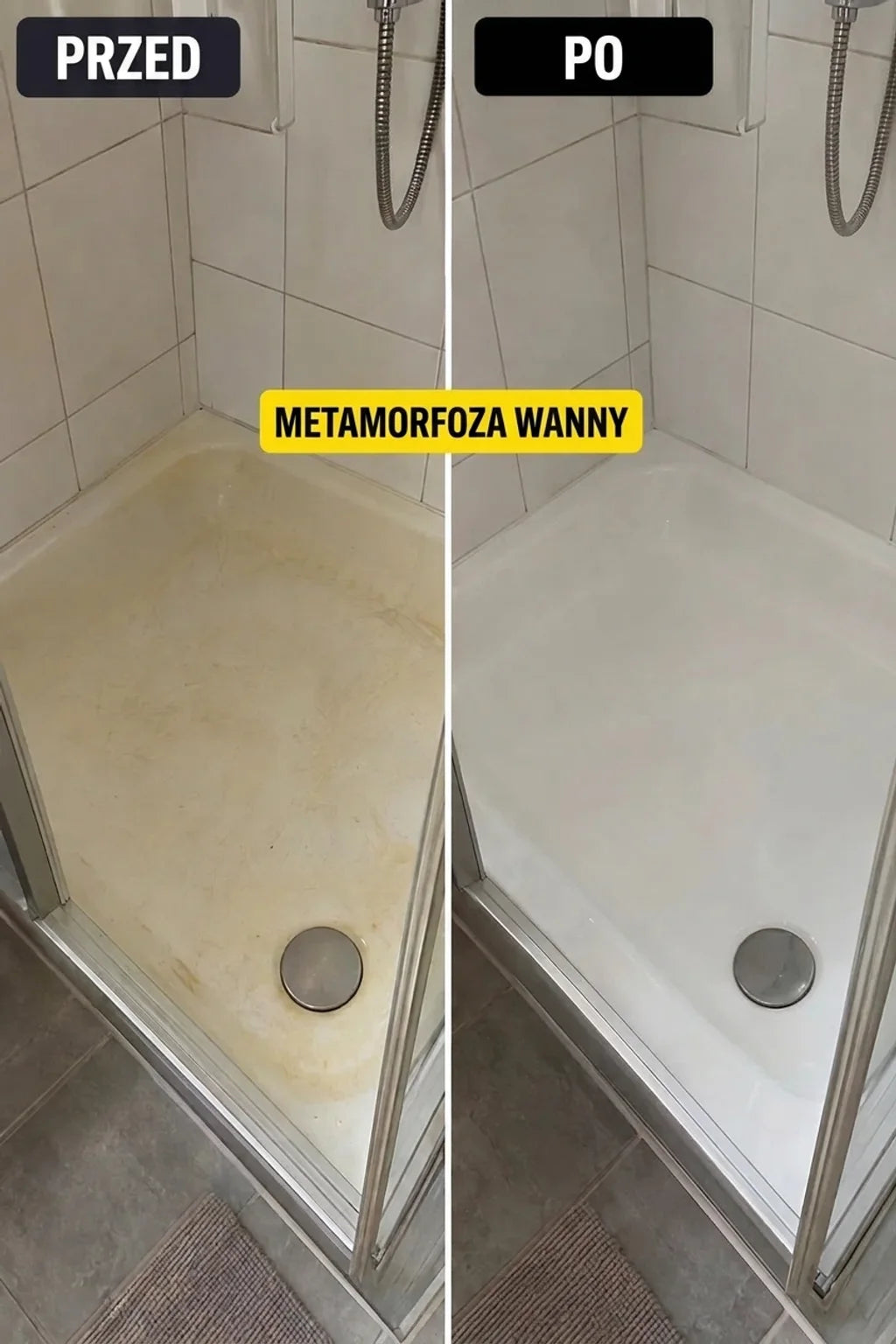 Przed i po renowacji: brudny, żółtawy brodzik prysznicowy stał się lśniąco biały. Remont łazienki.