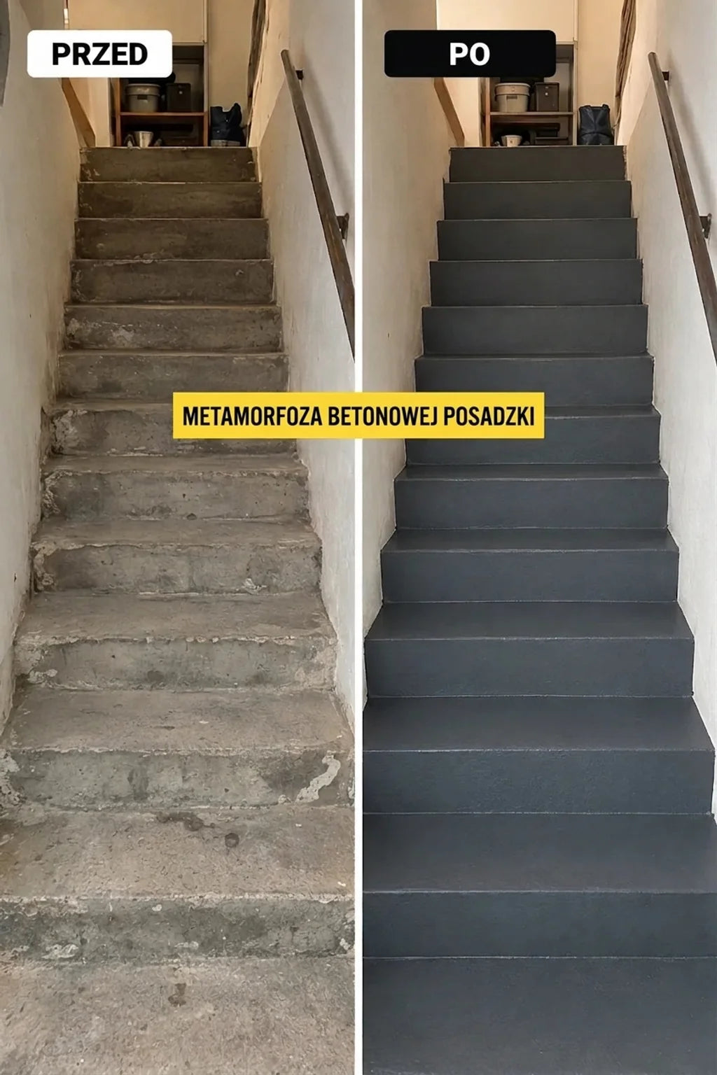 Przed i po: Szare betonowe schody, od zniszczonych do świeżo pomalowanych, gładkich i czystych.
