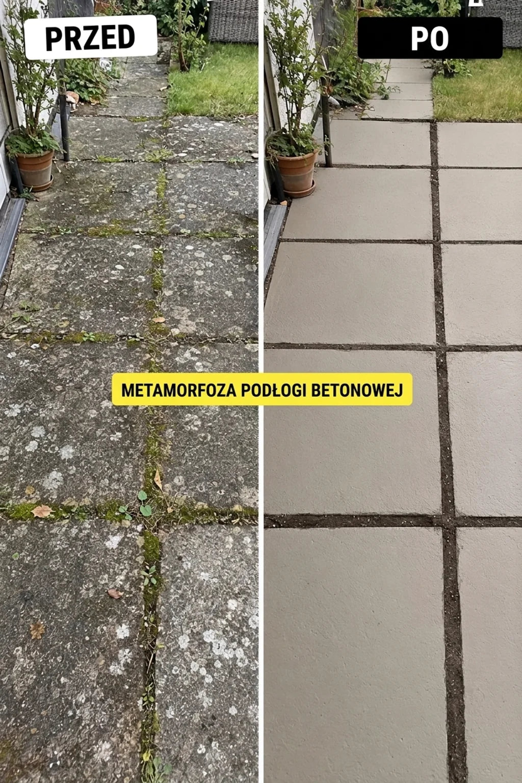Przed i po: brudny, zarośnięty chodnik betonowy (przed) oraz czysty, odnowiony chodnik betonowy (po). Metamorfoza betonowego podłoża.