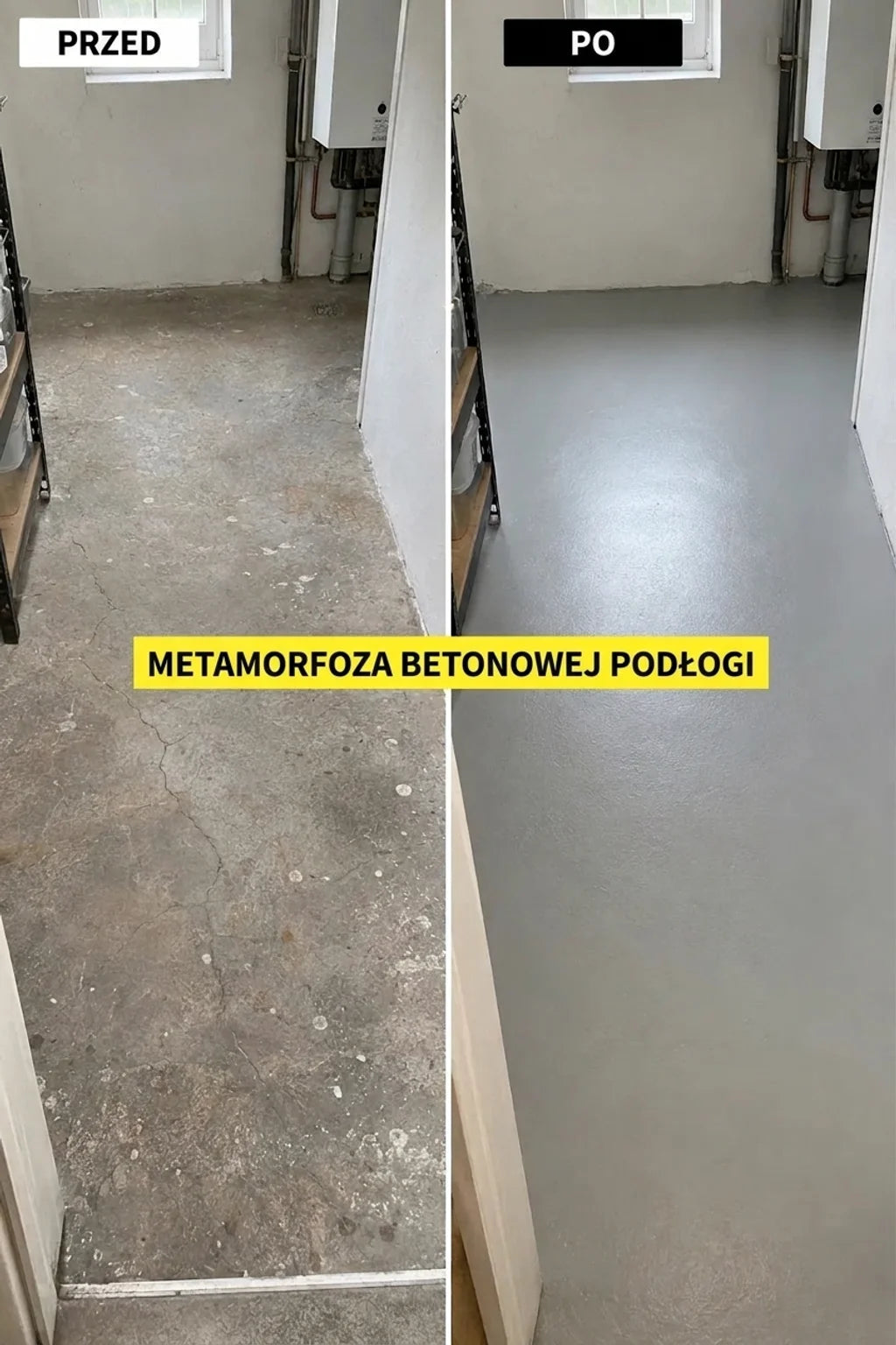 Przed i po renowacji podłogi betonowej, pokazująca brudną i popękaną podłogę przed oraz gładką, szarą po