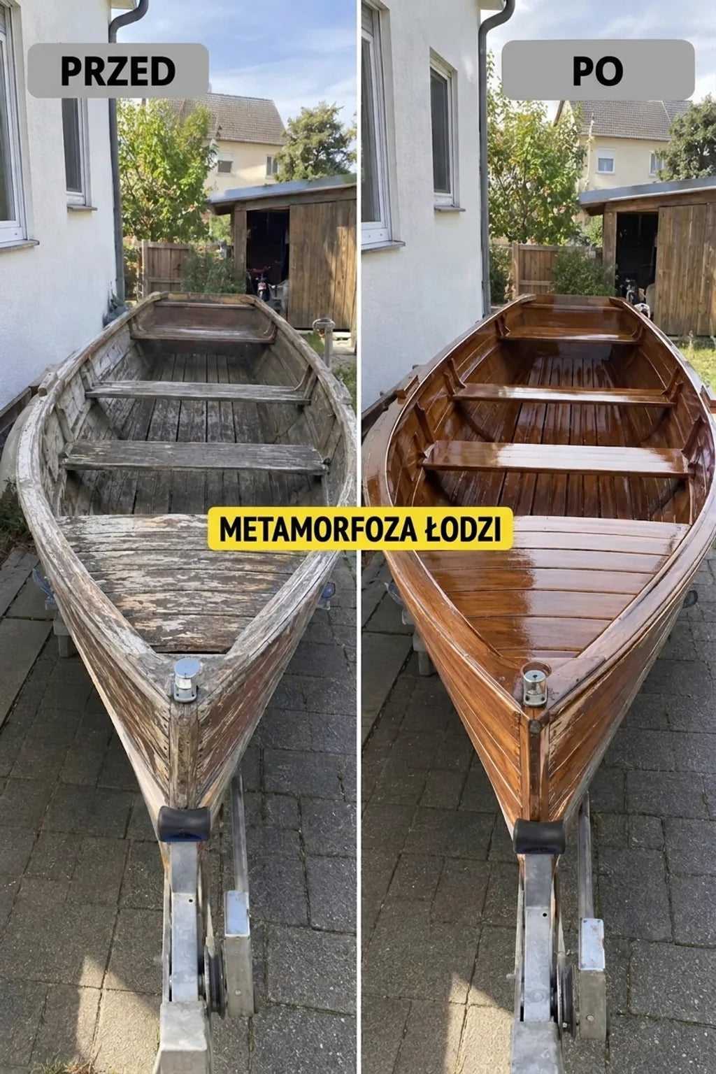 Drewniana łódź przed i po renowacji. Po lewej stronie stara i zniszczona, po prawej odnowiona i lśniąca.