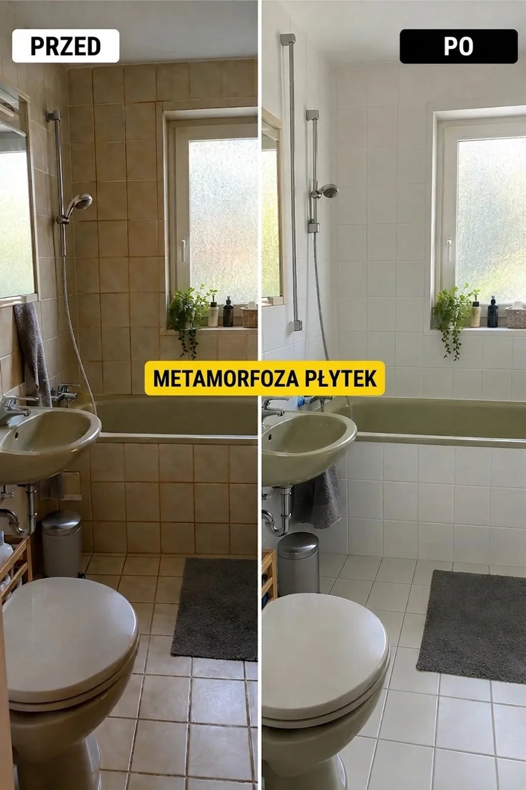 Łazienka przed i po metamorfozie: stare beżowe płytki ustąpiły miejsca jasnym białym, odświeżając wnętrze.