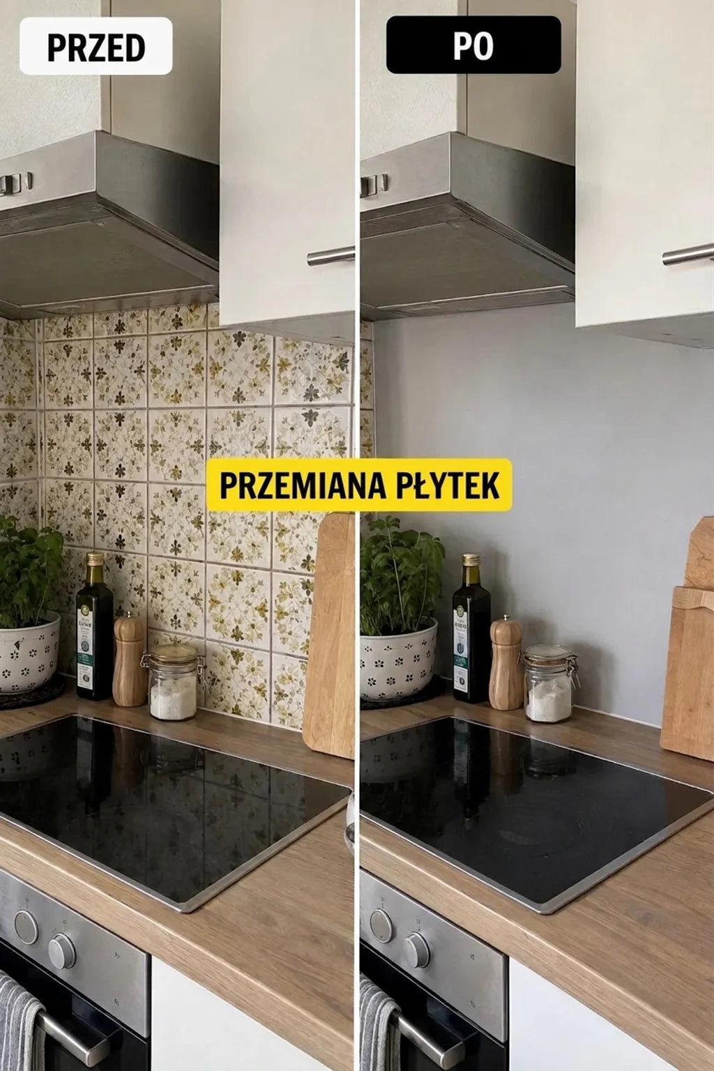 Porównanie przed i po renowacji kuchni: stare płytki zastąpione gładką, szarą ścianą nad blatem.