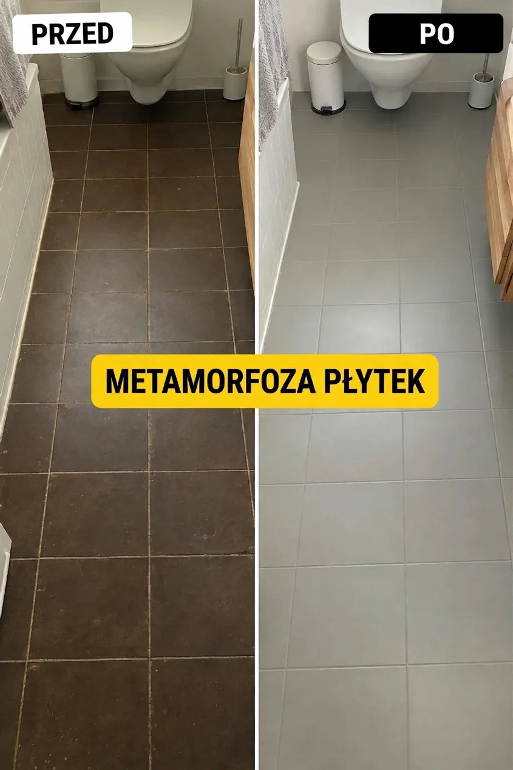 Remont płytek łazienkowych: porównanie przed i po. Stare, ciemne płytki zmienione na nowe, jasnoszare.
