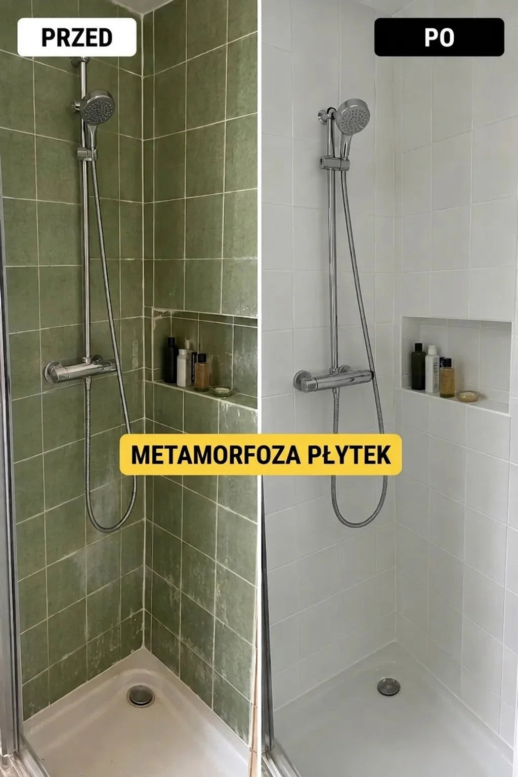 Przed i po metamorfozie płytek w prysznicu: stare zielone płytki zmienione na nowe, białe.