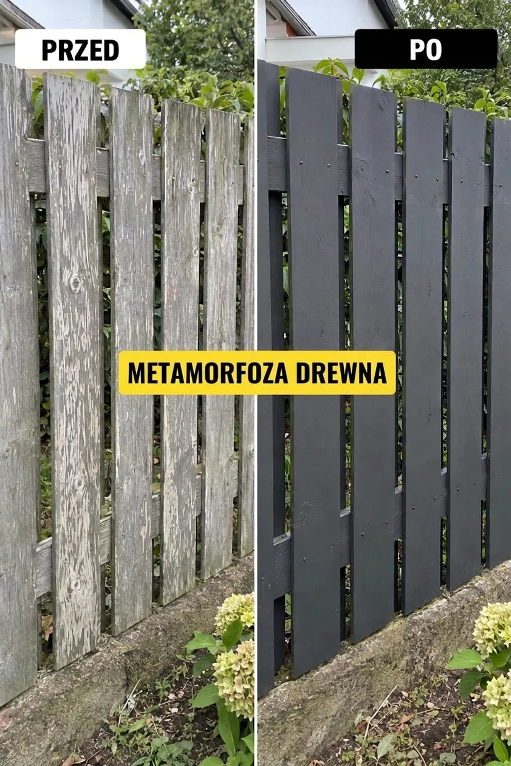 Drewniany płot: przed renowacją (szary, wyblakły) i po przemalowaniu (ciemnoszary, odnowiony).