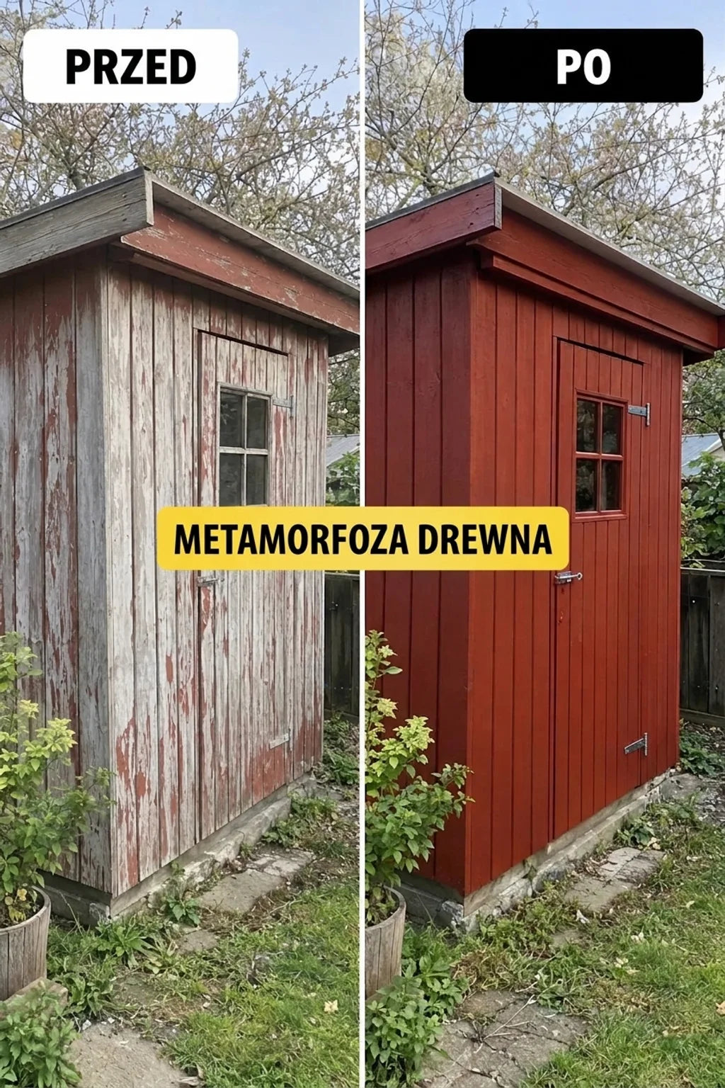 PRZED i PO: Renowacja drewnianej szopy z łuszczącą się farbą na świeżo pomalowaną intensywną czerwień.