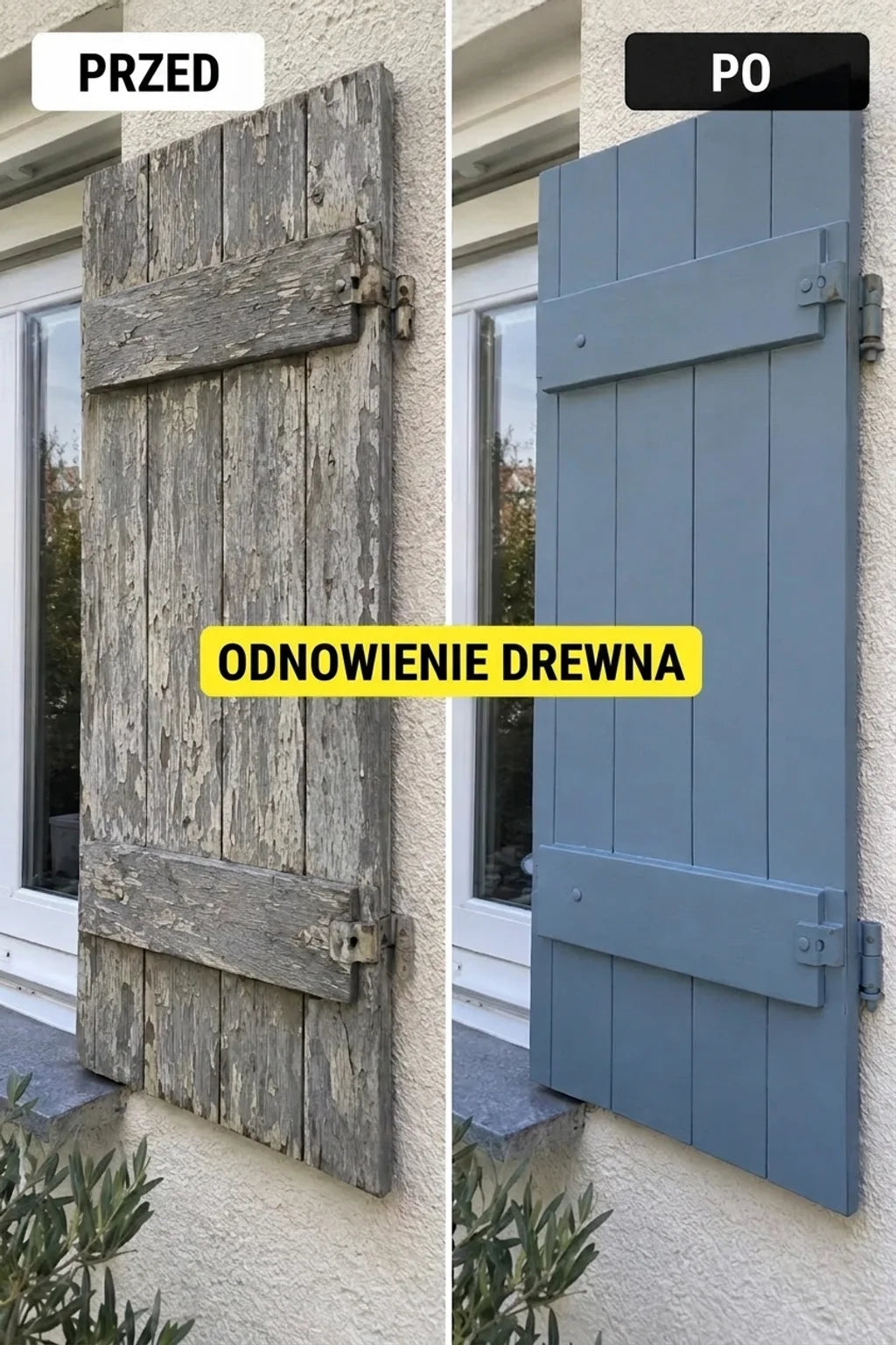 Zdjęcie przed i po: zniszczona drewniana okiennica przed metamorfozą, obok nowej, szaroniebieskiej okiennicy.