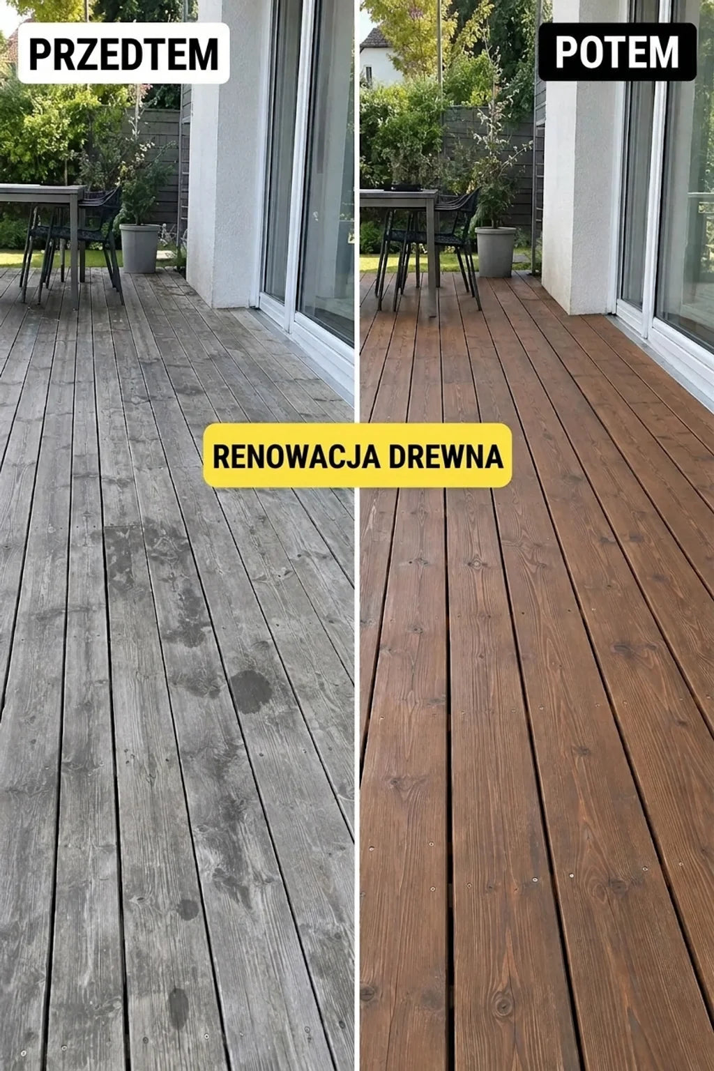 Drewniany taras przed i po renowacji. Przed: szare, zwietrzałe deski. Po: odświeżone, brązowe, zadbane drewno.
