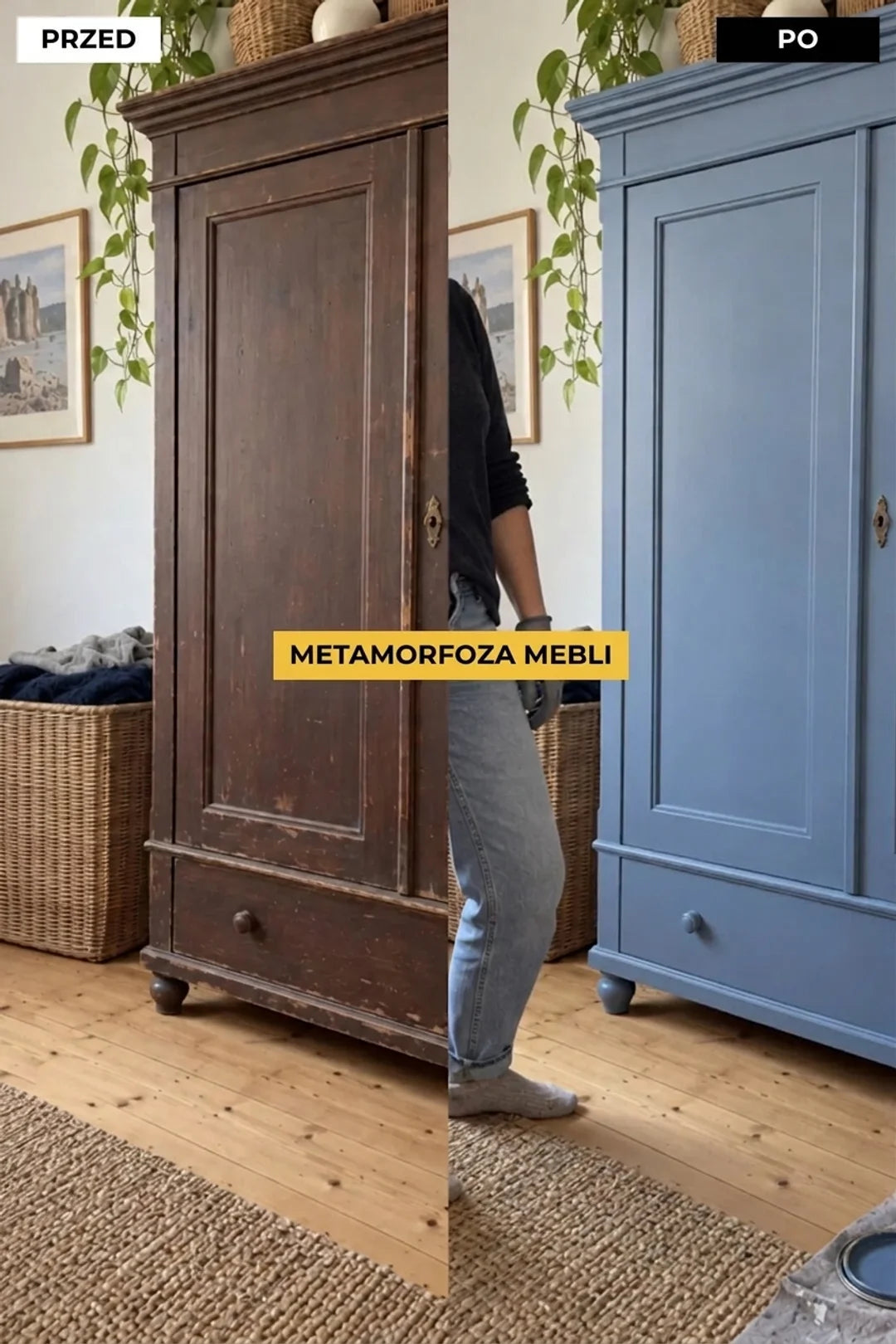 PRZED i PO: Stara, ciemna drewniana szafa poddana metamorfozie i przemalowana na niebiesko. Szybka renowacja mebli.