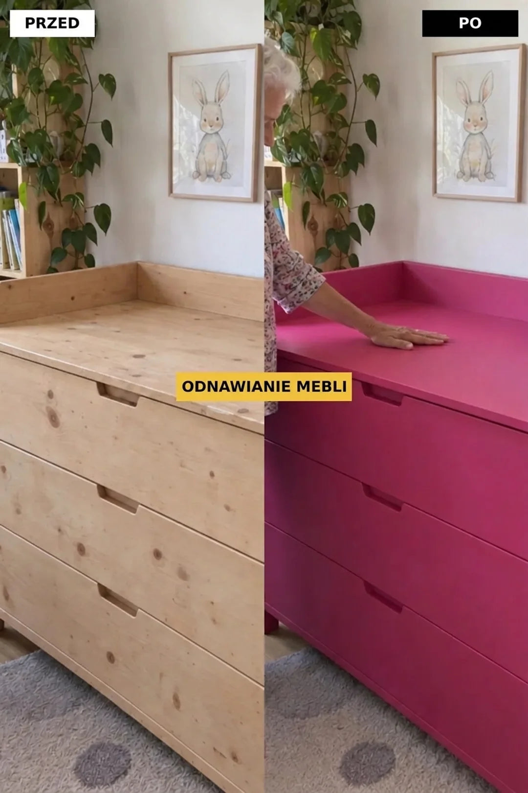 Szafka komoda przed i po renowacji: naturalne drewno kontra intensywny róż.