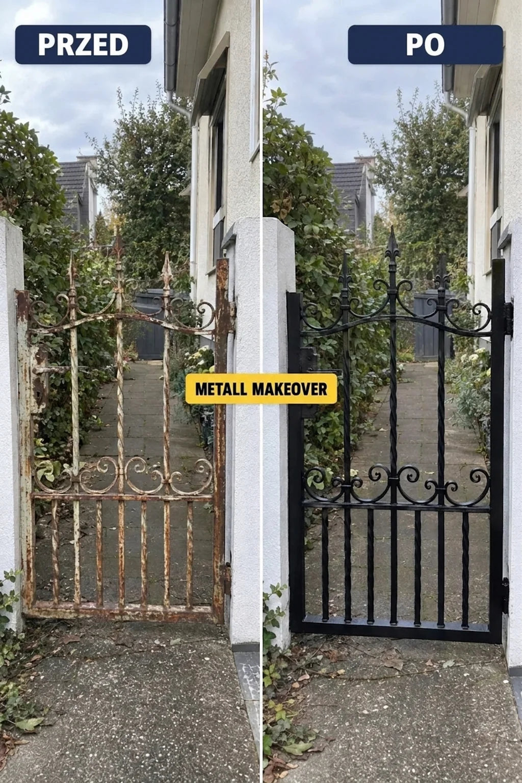 Renowacja starej, zardzewiałej bramy metalowej: przed i po, od rdzy do eleganckiej czerni.